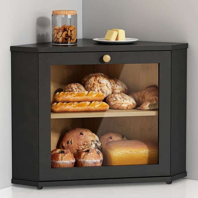 Corner Bread Box for Kitchen Countertop, Black