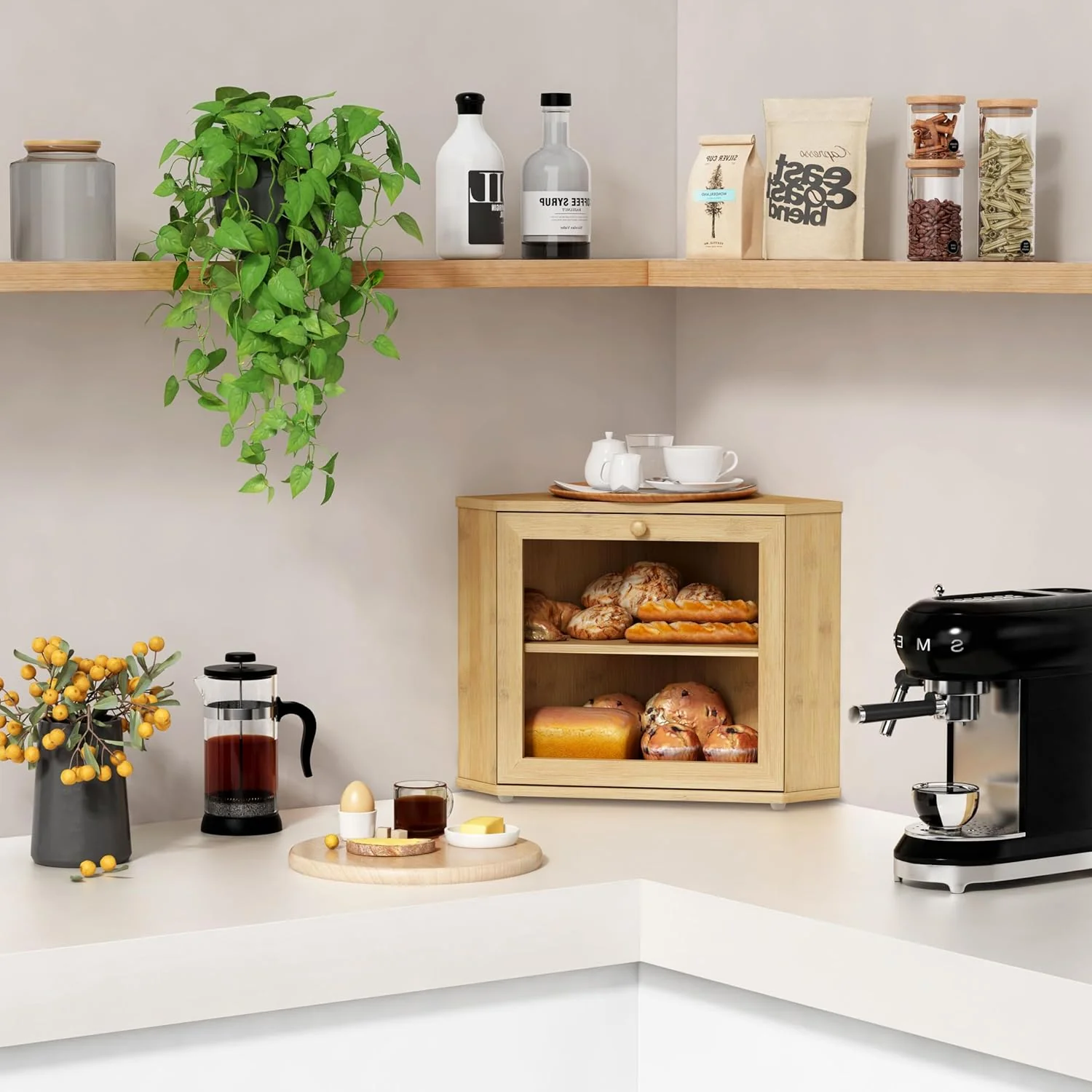 Goozii Bamboo Corner Bread Box for Kitchen Counter image 2
