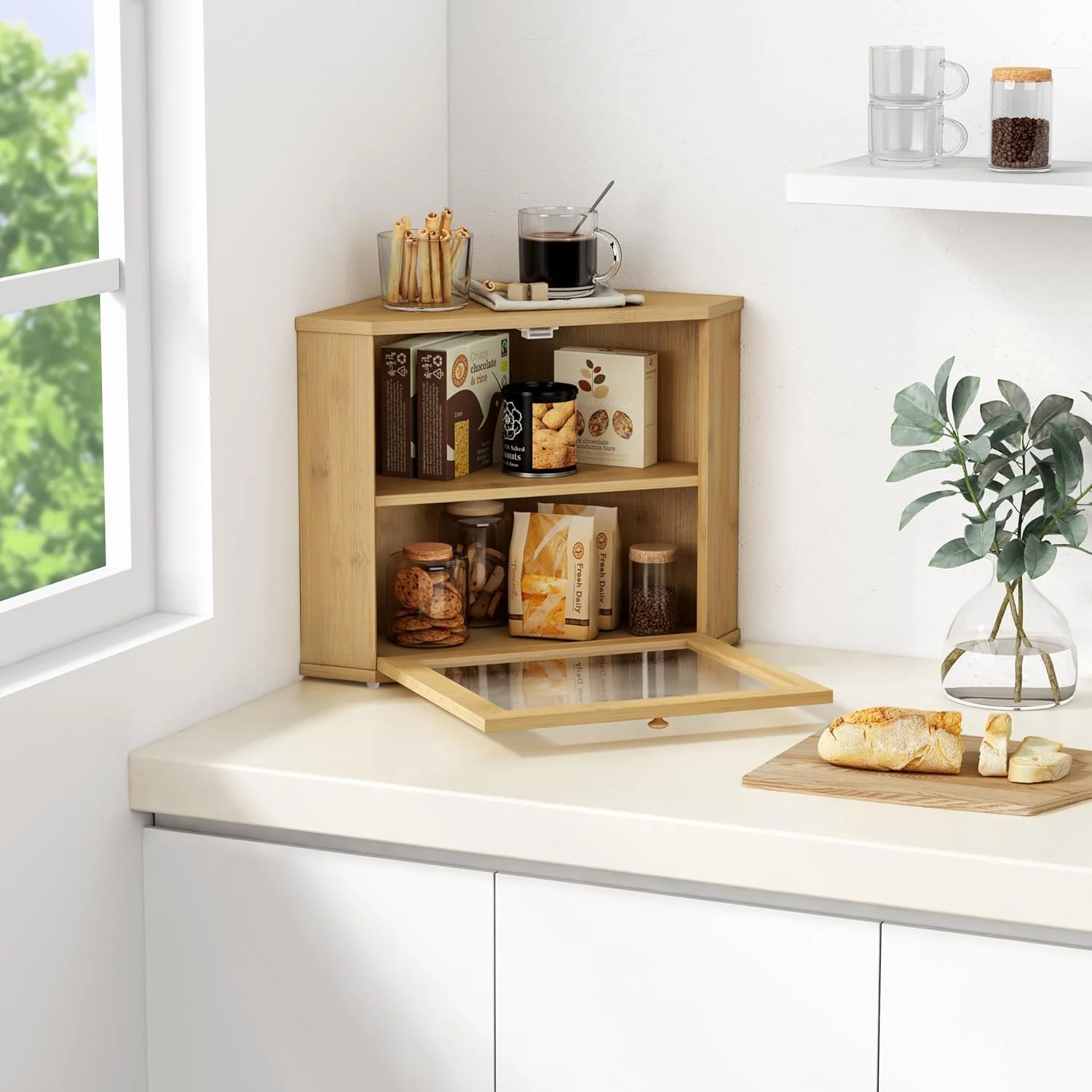 Goozii Bamboo Corner Bread Box for Kitchen Counter image 3