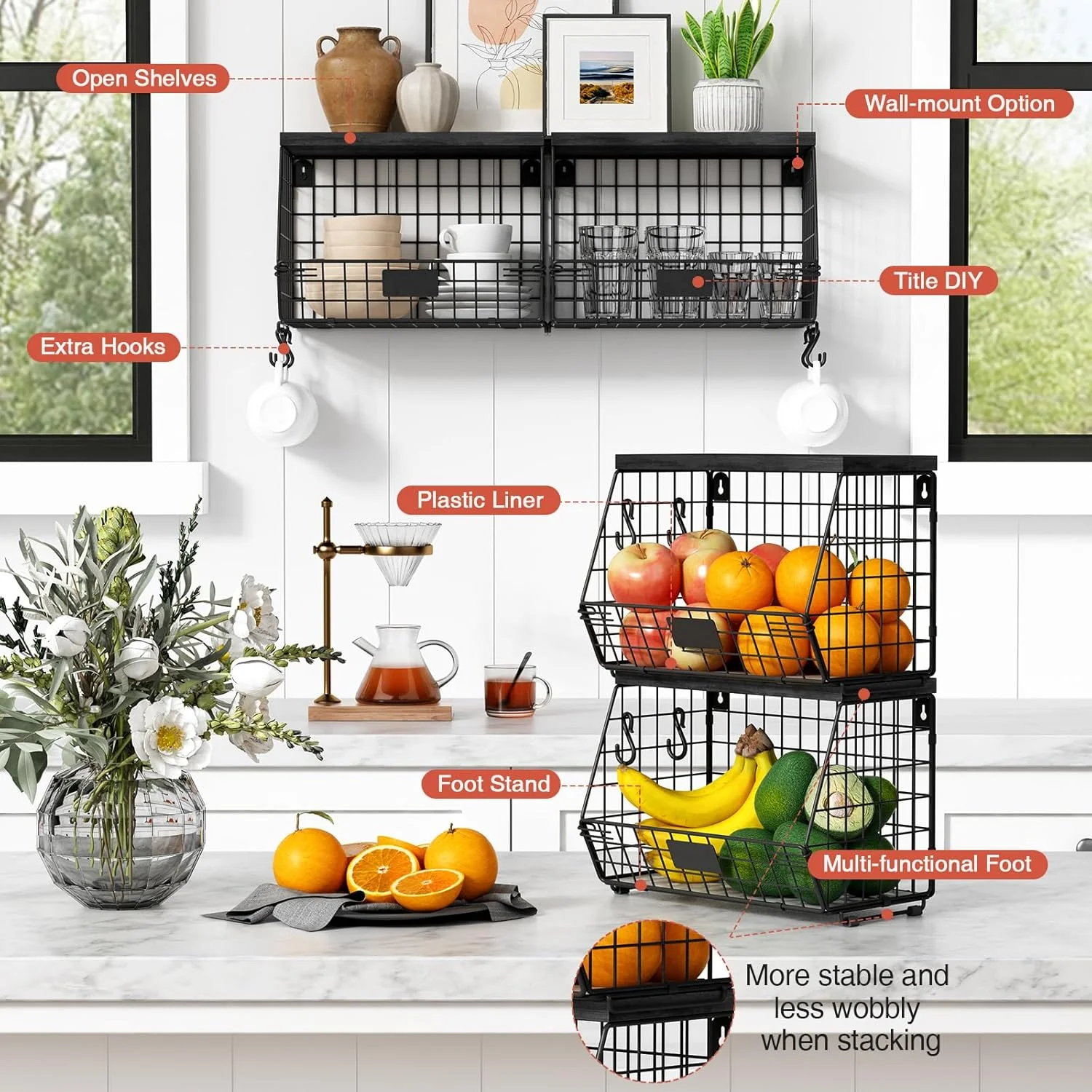 Goozii Black Kitchen Wall Hanging Storage Basket Set image 6
